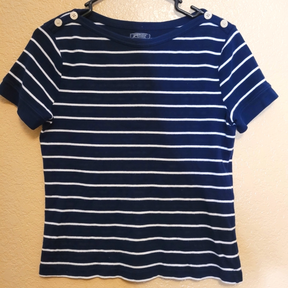American Living Women Navy/White Strips T Shirt Size M